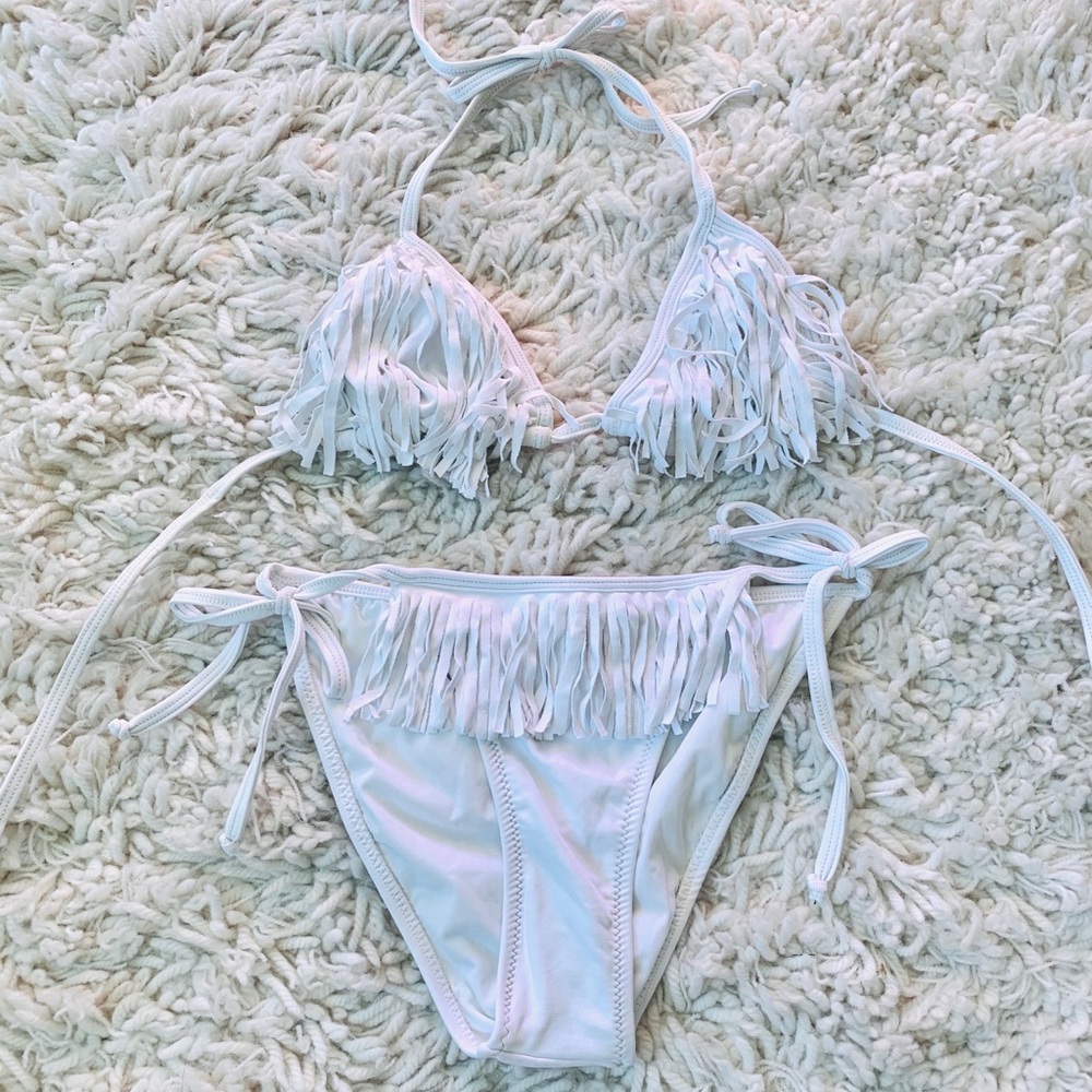 Dineila Brazil Swimwear White Fringe Bikini